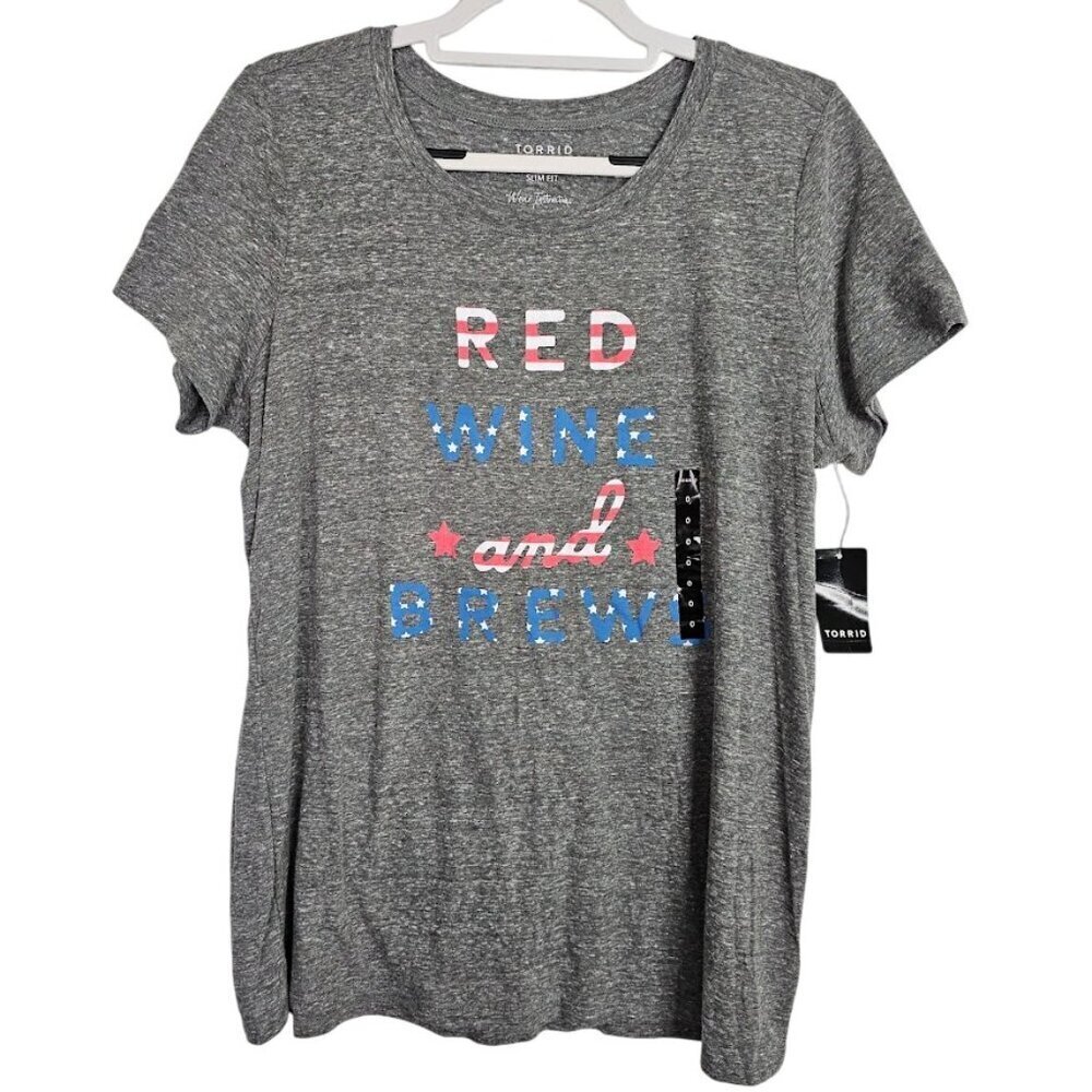 NWT TORRID T-Shirt Top size 0 L 12 GRAY Red Wine & Brews Flag Patriotic Fun Cute